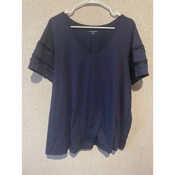 Lane Bryant Woman's Plus Size 22/24 Navy Blue V-Neck T-Shirt with Crochet Detail - Picture 1 of 5